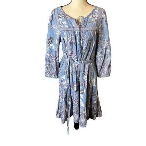 beachlunchlounge Collection Blue Floral Boho Maxi Dress Tie Neck Belted Size M
